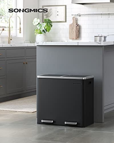 Songmics Recycling Bin, Double Trash CAN, 2 x 24L, med 2 rum, blød tæt låg, pedaler, plastiske indre spande og bær håndtag, sort LTB48BK 2 Songmics Recycling Bin, Double Trash CAN, 2 x 24L, med 2 rum, blød tæt låg, pedaler, plastiske indre spande og bær håndtag, sort LTB48BK - Billede 2