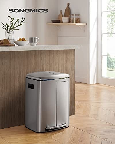 Songmics dobbelt skraldespand, 2 x 20 l køkkenbakke, dobbelt rummetalstetrin, med plastiske indre spande, blød-tæt låg og håndtag, lugtforsegling, sølv LTB40NL 2 Songmics dobbelt skraldespand, 2 x 20 l køkkenbakke, dobbelt rummetalstetrin, med plastiske indre spande, blød-tæt låg og håndtag, lugtforsegling, sølv LTB40NL - Billede 2