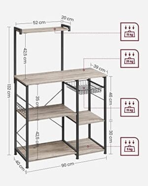 Vasagle Baker's rack med hylder, mikrobølgestativ med trådkurv, 6 s-hooks, køkkenhylde, værktøjsopbevaring til krydderier, gryder og pander, greige og sorte KKS035B02 - Image 5