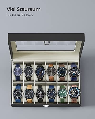 Songmics Watch Box med 12 slots, urkasse med glas låg, ur displayboks med aftagelige urpuder, metallak, gaveide, sort syntetisk læder, grønlig beige foring JWB12BE 6 Songmics Watch Box med 12 slots, urkasse med glas låg, ur displayboks med aftagelige urpuder, metallak, gaveide, sort syntetisk læder, grønlig beige foring JWB12BE - Billede 6