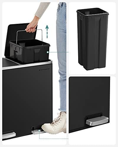 Songmics Recycling Bin, Double Trash CAN, 2 x 24L, med 2 rum, blød tæt låg, pedaler, plastiske indre spande og bær håndtag, sort LTB48BK 4 Songmics Recycling Bin, Double Trash CAN, 2 x 24L, med 2 rum, blød tæt låg, pedaler, plastiske indre spande og bær håndtag, sort LTB48BK - Billede 4
