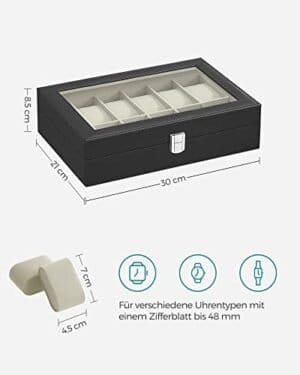 Songmics Watch Box med 12 slots, urkasse med glas låg, ur displayboks med aftagelige urpuder, metallak, gaveide, sort syntetisk læder, grønlig beige foring JWB12BE - Image 7
