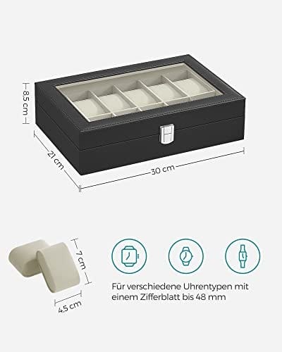 Songmics Watch Box med 12 slots, urkasse med glas låg, ur displayboks med aftagelige urpuder, metallak, gaveide, sort syntetisk læder, grønlig beige foring JWB12BE 7 Songmics Watch Box med 12 slots, urkasse med glas låg, ur displayboks med aftagelige urpuder, metallak, gaveide, sort syntetisk læder, grønlig beige foring JWB12BE - Billede 7