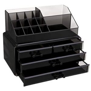 Songmics Acrylic Makeup Organizer, Stackable Makeup Storage Box, Cosmetic Display Case, med 4 skuffer, til børstepalette læbestifter neglelak, gaveide, sort JKA007BK