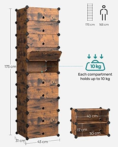 Songmics Interlocking Shoe Rack, rektangulær opbevaringsarrangør, 10 spilleautomat Modular DIY Storage Shelf Unit, 40 x 30 x 17 cm for hver slot, plastgarderobe med døre, rustik brun LPC010A00 7 Songmics Interlocking Shoe Rack, rektangulær opbevaringsarrangør, 10 spilleautomat Modular DIY Storage Shelf Unit, 40 x 30 x 17 cm for hver slot, plastgarderobe med døre, rustik brun LPC010A00 - Billede 7