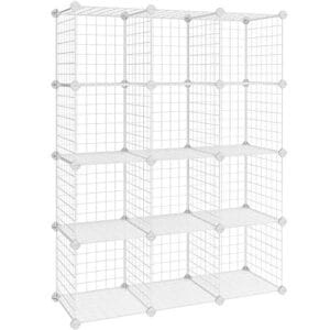 Songmics 12 terninger Wire Grid Storage Rack, sammenlåsning af hylder med metalnethylder og PP -plastikplader, til bøger sko legetøj tøjværktøjer, i stue badeværelse, hvid LPI34W