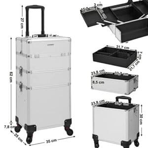 Songmics Professional Makeup-sag, 3-i-1 rejsende skønhedsvogn, stor kosmetisk vogn, sølv - Image 6