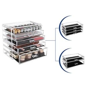 Songmics Makeup Organizer, 2-delt opbevaringsbokse til smykker og kosmetik, Stackable, med 5 skuffer, gennemsigtige polystyren JMU32TP - Image 4
