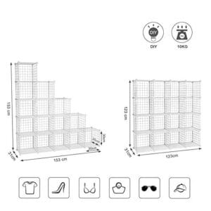 Songmics 16 Cube Metal Wire Storage Organizer, DIY Closet Cabinet and Modular Shelving Grids, Wire Mesh hylder og rack, White LPI44W - Image 5