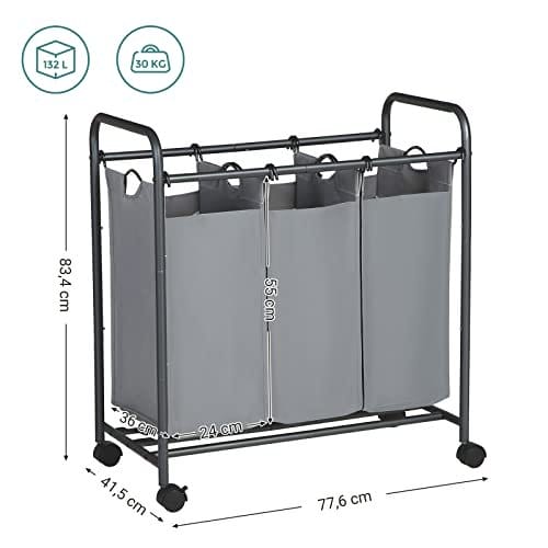 Songmics rullende vaskeri Sorter, vaskeri med 3 aftagelige poser, vaskeri, legetøjsarrangør på hjul, robust, 3 x 44L, grå LSF003GS 4 Songmics rullende vaskeri Sorter, vaskeri med 3 aftagelige poser, vaskeri, legetøjsarrangør på hjul, robust, 3 x 44L, grå LSF003GS - Billede 4