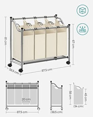 Songmics rullende vaskeri Sorter, vaskeri med 4 aftagelige poser, vaskeri hæmmer, vaskeri, til vaskerum, soveværelse, badeværelse, 4 x 35L, beige LSF005s - Image 6