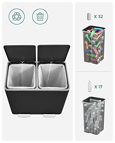 Songmics Recycling Bin, Double Trash CAN, 2 x 24L, med 2 rum, blød tæt låg, pedaler, plastiske indre spande og bær håndtag, sort LTB48BK 5 Songmics Recycling Bin, Double Trash CAN, 2 x 24L, med 2 rum, blød tæt låg, pedaler, plastiske indre spande og bær håndtag, sort LTB48BK - Billede 5