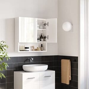 Vasagle BBK122W01 Mirrored Cabinet, badeværelse skab med højdejusterbare hylder, dør og øverste panel med højglans overflade, badeværelse, 54 x 15 x 55 cm, hvid - Image 2