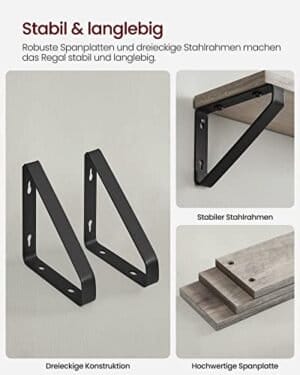 Vasagle Industrial Design Flydende hylder Sæt med 3 vægmonterede, Grå sort - Image 3