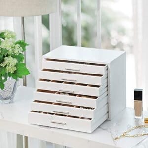 Songmics Wooden Jewellery Box, 6-lags smykker arrangør, ure, hvid - Image 2