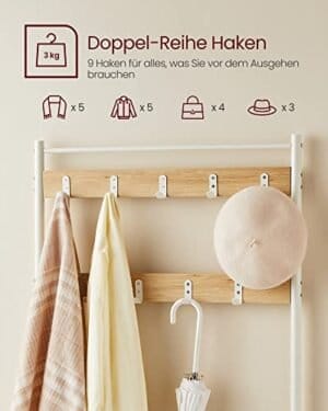 Vasagle Coat Rack, frakke står med skoopbevaringsbænk, halltræ med sko rack, eg farve og hvid - Image 3