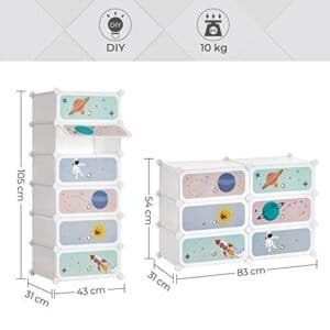Songmics 6-Slot Children’s Shoe Rack, Storage Unit, Interlocking Organizer Cabinet til børn med plasthylder, modulær garderobe med døre, 43 x 31 x 105 cm, hvid LPC904W01 - Image 3