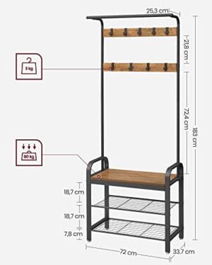 Vasagle Coat Rack, frakke står med skoopbevaringsbænk, 4-i-1-design, med 9 aftagelige kroge, en tøjskinne, til gangen, indgang, 33,7 x 77 x 183 cm, industriel, rustik valnød og sort HSR040B41 - Image 5