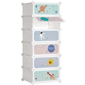 Songmics 6-Slot Children’s Shoe Rack, Storage Unit, Interlocking Organizer Cabinet til børn med plasthylder, modulær garderobe med døre, 43 x 31 x 105 cm, hvid LPC904W01