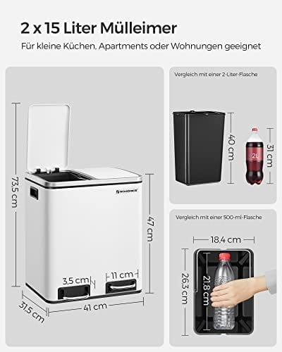 Songmics Kitchen Bin, 2 x 15 l Stål skraldespand, trinbakke med indre spande, hvid 6 Songmics Kitchen Bin, 2 x 15 l Stål skraldespand, trinbakke med indre spande, hvid - Billede 6