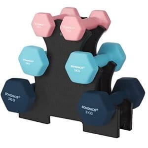 Songmics hex -håndvægte indstillet med stativ - 2 x 1 kg, 2 x 2 kg, 2 x 3 kg, neopren mat finish, håndvægte til hjemmeøvelse, lyserød, aqua og blå syl612mk