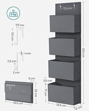 Songmics Over-dør-opbevaring med 4 lommer, væghøjtningsopbevaringsarrangør, praktisk og rummelig, til børns værelses kontor soveværelse, 33,5 x 12 x 100 cm, grå RDH04G - Image 5