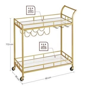 Serveringsvogn Trolley Glasholder 2 Spejlglashylder Bar Trolley Vinvogn Køkken Spisestue Bar Guld - Image 2