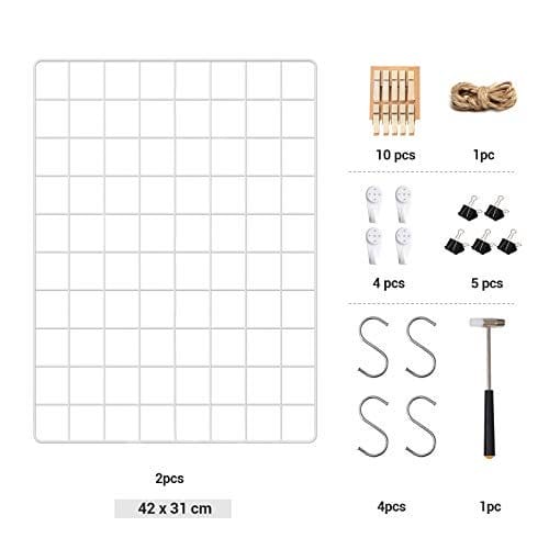 Songmics Grid Panels, Photo Wall Display, Metal Mesh Wall Decor, DIY, Hanging Picture Wall, S Hook, Clip, Hamp Cord, Sæt på 2, White LPP01W 7 Songmics Grid Panels, Photo Wall Display, Metal Mesh Wall Decor, DIY, Hanging Picture Wall, S Hook, Clip, Hamp Cord, Sæt på 2, White LPP01W - Billede 7