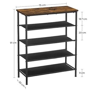 Vasagle Shoe Rack 5 -niveau, skoopbevaringsarrangør smal, stålramme, brun og sort - Image 7