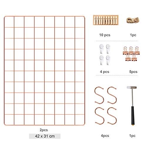 Songmics Grid Panels, Photo Wall Display, Metal Mesh Wall Decor, DIY, Hanging Picture Wall, S Hook, Clip, Hamp Cord, Sæt med 2, Rose Gold LPP01DR 4 Songmics Grid Panels, Photo Wall Display, Metal Mesh Wall Decor, DIY, Hanging Picture Wall, S Hook, Clip, Hamp Cord, Sæt med 2, Rose Gold LPP01DR - Billede 4