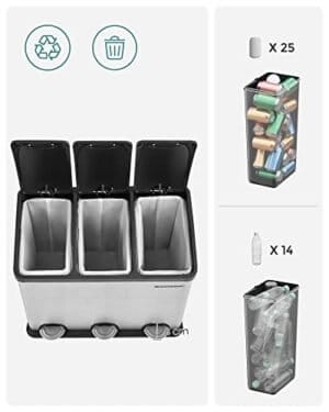Songmics 54L genvindingsbakke, skraldespand, stålpedalbakke med 3 sektioner, indre spande, 6 sorteringsmærker, for let affaldsseparation, sølv og sort LTB54L - Image 3