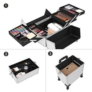Songmics Professional Makeup-sag, 3-i-1 rejsende skønhedsvogn, stor kosmetisk vogn, sølv - Image 4