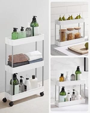Songmics 3-lags opbevaringsvogn, køkkenvogn på hjul, smal trolley til køkken badeværelse kontor eller små rum, 42 x 13,5 x 61 cm, hvid KSC007W01 - Image 7