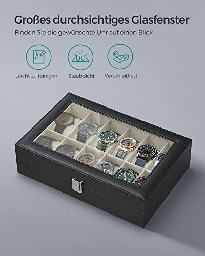 Songmics Watch Box med 12 slots, urkasse med glas låg, ur displayboks med aftagelige urpuder, metallak, gaveide, sort syntetisk læder, grønlig beige foring JWB12BE 5 Songmics Watch Box med 12 slots, urkasse med glas låg, ur displayboks med aftagelige urpuder, metallak, gaveide, sort syntetisk læder, grønlig beige foring JWB12BE - Billede 5