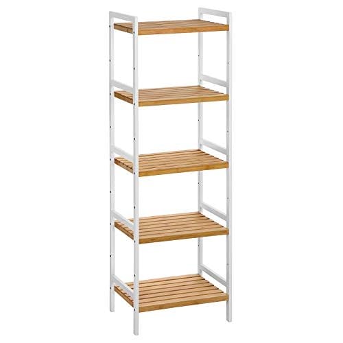 Songmics 5-lags bambusopbevaringsstativ til badeværelse, køkken, soveværelse, 31,5 x 45 x 142 cm, naturlig og hvid BCB75WN 1 Songmics 5-lags bambusopbevaringsstativ til badeværelse, køkken, soveværelse, 31,5 x 45 x 142 cm, naturlig og hvid BCB75WN