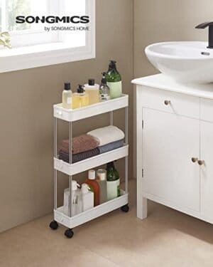Songmics 3-lags opbevaringsvogn, køkkenvogn på hjul, smal trolley til køkken badeværelse kontor eller små rum, 42 x 13,5 x 61 cm, hvid KSC007W01 - Image 2