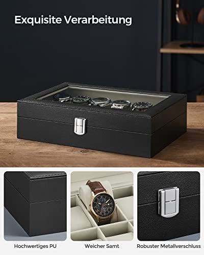 Songmics Watch Box med 12 slots, urkasse med glas låg, ur displayboks med aftagelige urpuder, metallak, gaveide, sort syntetisk læder, grønlig beige foring JWB12BE 4 Songmics Watch Box med 12 slots, urkasse med glas låg, ur displayboks med aftagelige urpuder, metallak, gaveide, sort syntetisk læder, grønlig beige foring JWB12BE - Billede 4