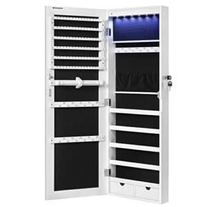 Songmics rammeløse spejlede smykkeskab Armoire, 6 LEDS -smykkearrangør væg hængende eller dørmonteret, stor kapacitet med 2 skuffer, hvid JJC99WT