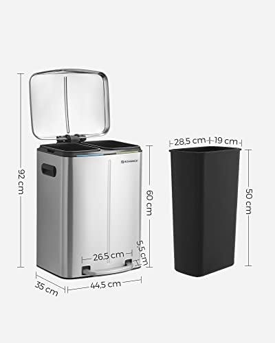 Songmics dobbelt skraldespand, 2 x 20 l køkkenbakke, dobbelt rummetalstetrin, med plastiske indre spande, blød-tæt låg og håndtag, lugtforsegling, sølv LTB40NL 5 Songmics dobbelt skraldespand, 2 x 20 l køkkenbakke, dobbelt rummetalstetrin, med plastiske indre spande, blød-tæt låg og håndtag, lugtforsegling, sølv LTB40NL - Billede 5