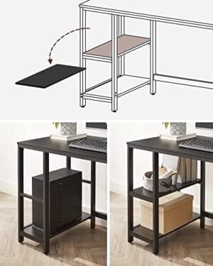 Vasagle LWD047B16 COMPUTER Desk PC Desk Office Table med 2 hylder på højre eller venstre side til kontorets stue stål ramme industriel design sort sort - Image 6