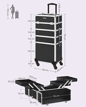 Songmics Makeup Case, 4-in-1 Travel Beauty Trolley, låsbar rullende makeup-sag, sort - Image 5