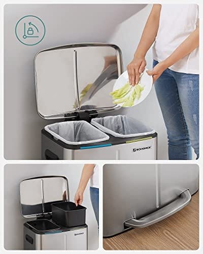 Songmics dobbelt skraldespand, 2 x 20 l køkkenbakke, dobbelt rummetalstetrin, med plastiske indre spande, blød-tæt låg og håndtag, lugtforsegling, sølv LTB40NL 4 Songmics dobbelt skraldespand, 2 x 20 l køkkenbakke, dobbelt rummetalstetrin, med plastiske indre spande, blød-tæt låg og håndtag, lugtforsegling, sølv LTB40NL - Billede 4