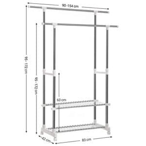 Songmics tøjskinner, dobbelt hængende skinner med 2-lags hylder, teleskopisk udvideligt frakkeholder med hjul, rustfrit stålbelagte jernrør, 154 x 42 x 172 cm af sangmik - Image 7