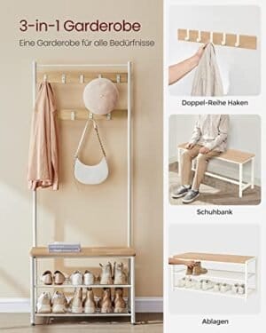 Vasagle Coat Rack, frakke står med skoopbevaringsbænk, halltræ med sko rack, eg farve og hvid - Image 2