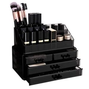 Songmics Acrylic Makeup Organizer, Stackable Makeup Storage Box, Cosmetic Display Case, med 4 skuffer, til børstepalette læbestifter neglelak, gaveide, sort JKA007BK - Image 7