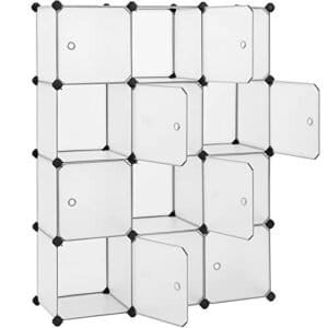 Songmics 12-kub opbevaringsarrangør, plastskabet med dør, skostativ, skab, til tøj, sko, legetøj, bøger, let at samle, 93 x 31 x 123 cm, hvid LPC342W01