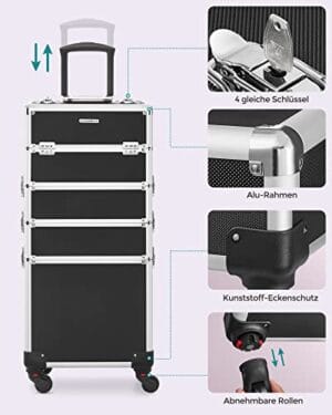 Songmics Makeup Case, 4-in-1 Travel Beauty Trolley, låsbar rullende makeup-sag, sort - Image 4