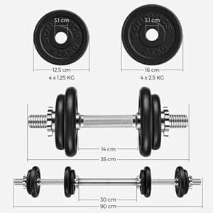 Songmics 2-i-1 håndvægte sæt, 2 x 10 kg støbejerns, vægtløftning, hjemme gymnastiksal, sort - Image 3