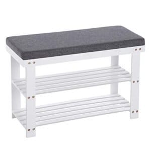 Songmics bambussko bænk, 2-lags skostativ, stabil skoarrangør til indgang, stue, bænk sæde holder op til 150 kg, 71 x 29 x 49 cm, hvid og grå LBS604W01