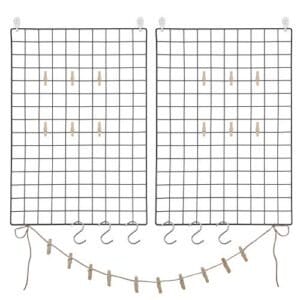 Songmics Grid -paneler, sæt med 2, fotovægskærm, metal mesh vægindretning, multifunktionel hængende billedvæg, DIY, kunstdisplay, s krog, klip, hamp ledning, sort LPP02H